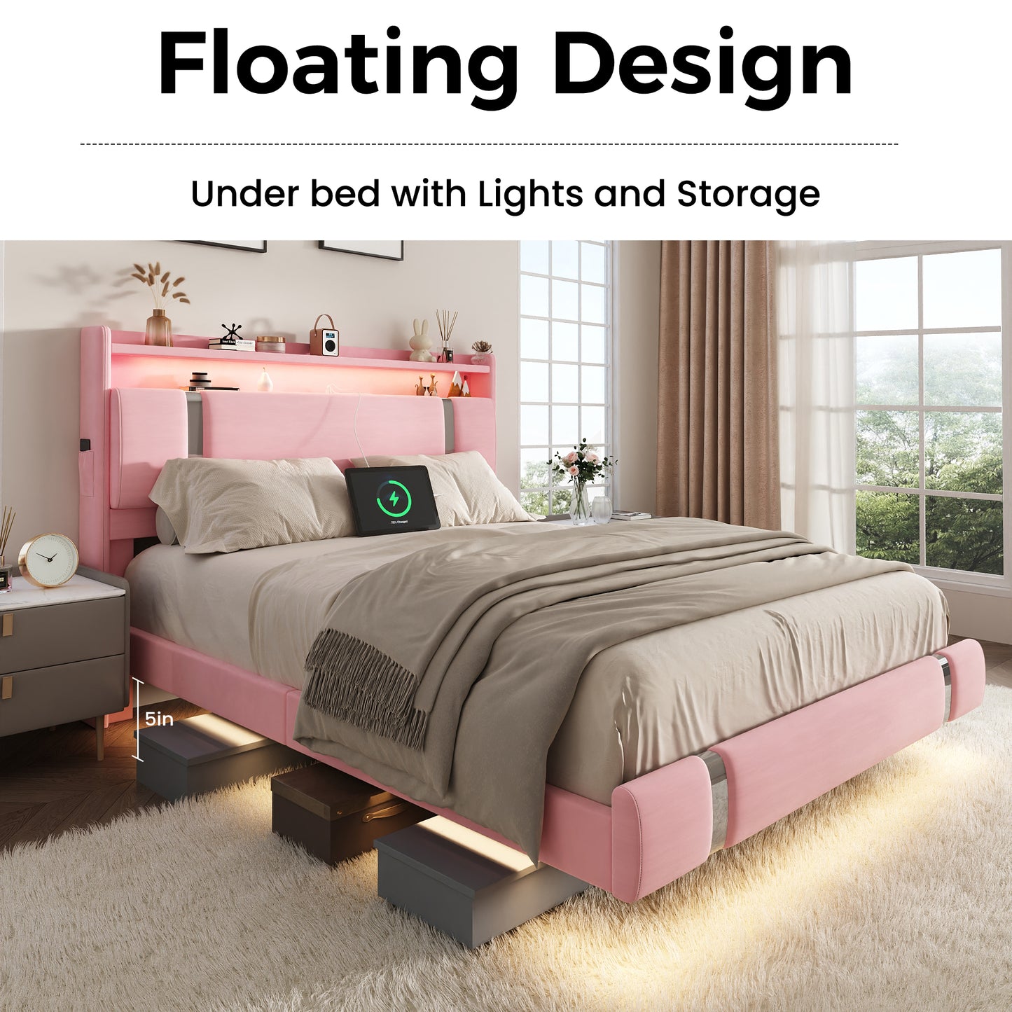 NEGYLIM Floating Bed Frame Twin Size with LED Lights, Easy to Assemble, Metal Platform Bed with Storage Headboard, No Box Spring Needed, Pink