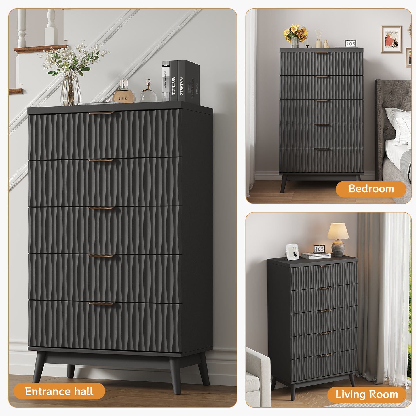 NEGYLIM 5 Drawer Dresser for Bedroom, 47"H Fluted Dresser Modern Chest of Drawers with Metal Handle, Anti-collapse for Living Room, Hallway