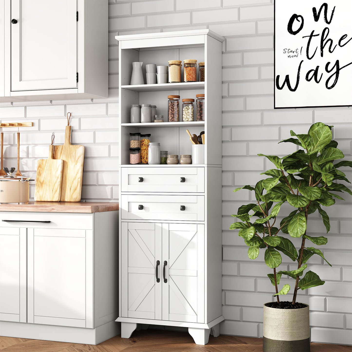 NEGYLIM 72" Tall Bathroom Storage Cabinet, Freestanding Cabinet with Adjustable Shelves, Large Bathroom Pantry Cabinet with 2 Drawers for Living Room, Kitchen, Dining Room, Office, White