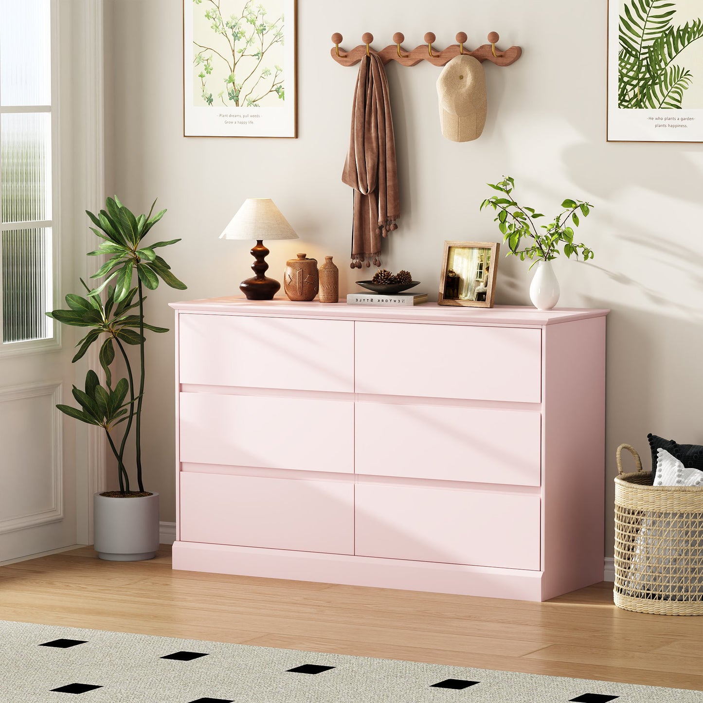 6 Drawer Dresser for Bedroom, White Dresser Double Chest of Drawers, Modern Wood Dressers with Deep Drawers for Living Room,Pink