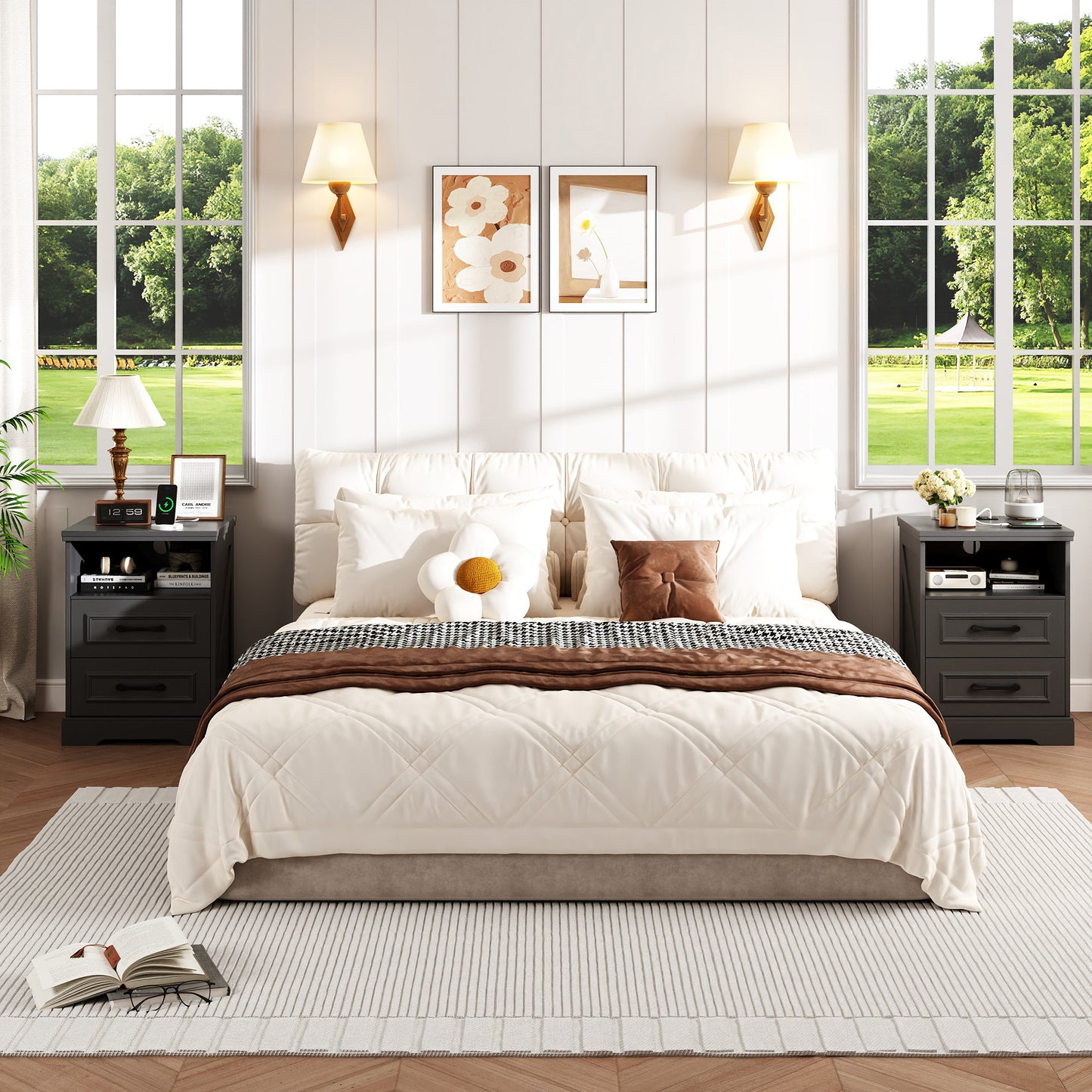 NEGYLIM 2-Piece Nightstand, Farmhouse End Table with Charging Station, 2 Drawers Storage for Bedroom