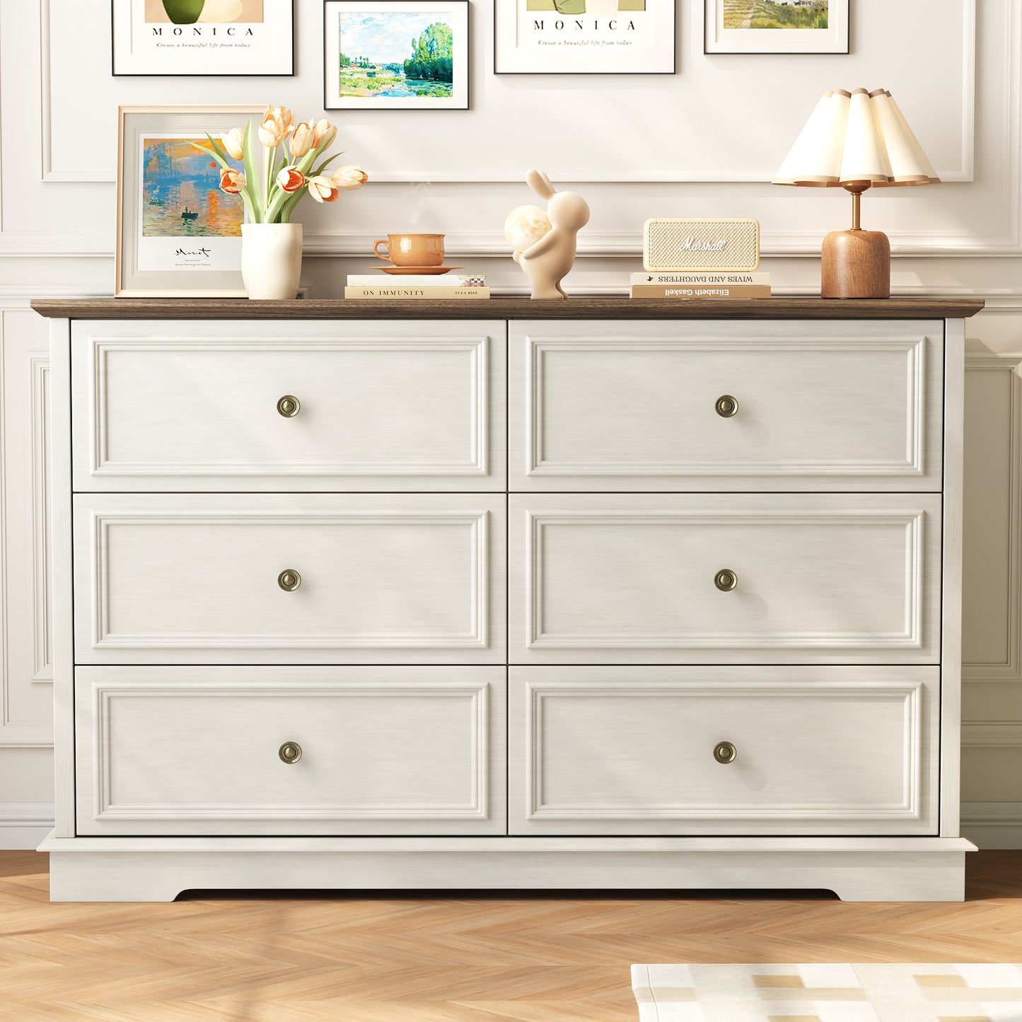 6 Drawer Dresser for Bedroom, 50.4" * 15.7" * 35.8" Retro Style Chest of Drawers, Wood Storage Double Dresser with Deep Drawers for Living Room, Hallway Entryway