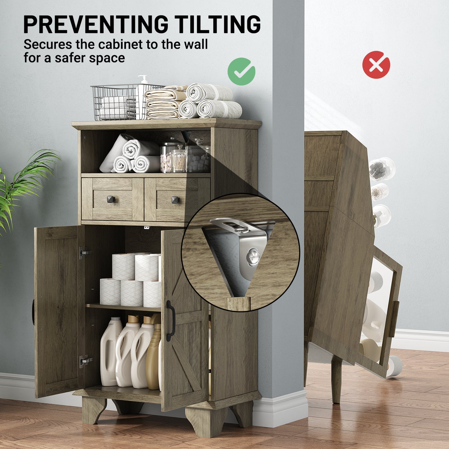 Bathroom Storage Cabinet, Farmhouse Bathroom Floor Cabinet freestanding with Doors and Drawers, 41.3"H Bathroom Organizer with Adjustable Shelf, Wood Grain