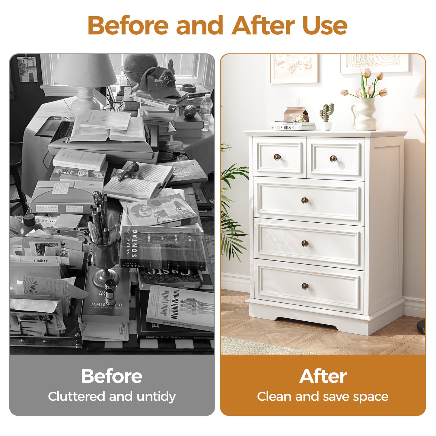 5 Drawer Dresser for Bedroom, Retro Style Chest of Drawers, 26.7"×15.7"×35.8" Wood Storage Dresser with Deep Drawers for Living Room, Hallway, Entryway, White