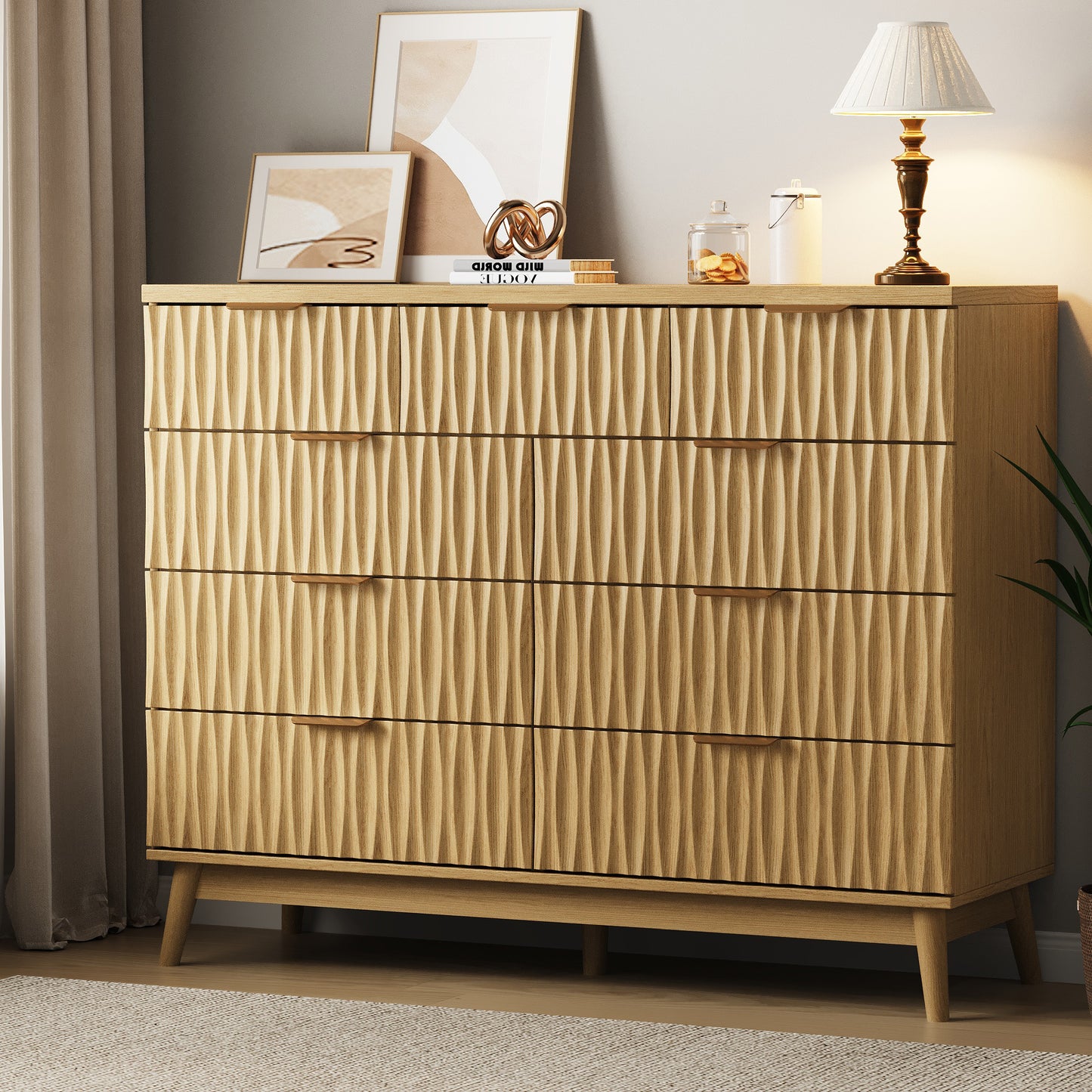 NEGYLIM 47" Wood Dressers with 9 Drawers for Bedroom, Fluted Wood Dresser Chest of Drawers for Bedroom, Storage Cabinet for TV Stand, Living Room, Entryway, Wood