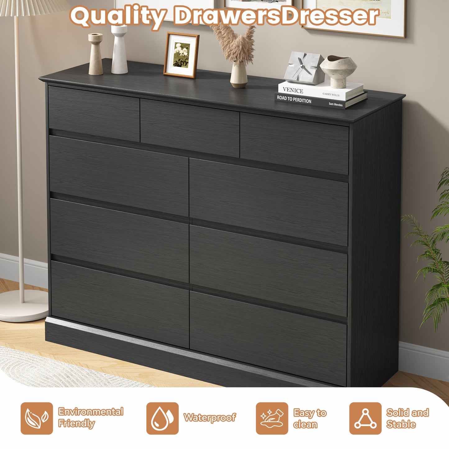 NEGYLIM 9 Drawer Dresser for Bedroom, White Dresser Chest of Drawers, Modern Wood Dressers with Deep Drawers for Living Room,Black