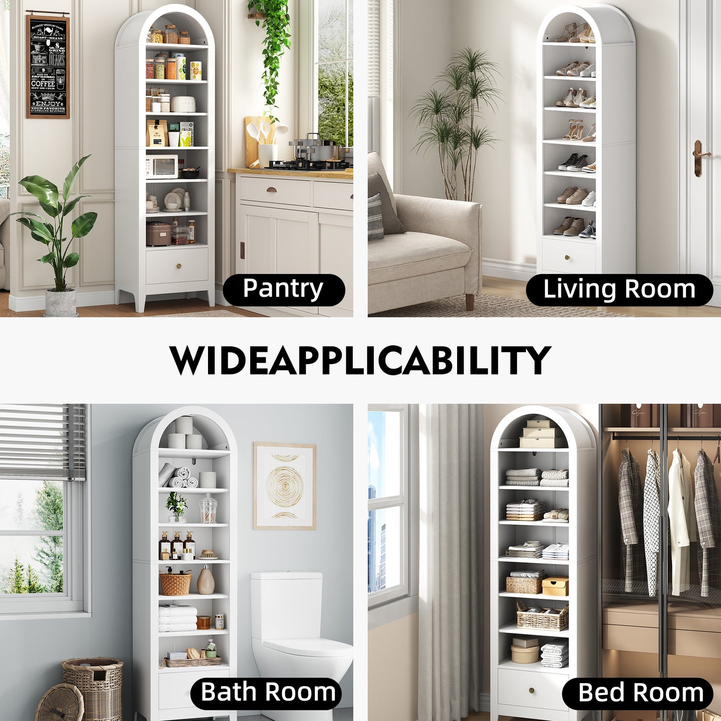 71" Tall Arched Storage Cabinet with Doors & Shelves – Multi-Purpose Pantry Cabinet for Kitchen, Bathroom, Living Room, Bedroom, Entryway & Office (White)