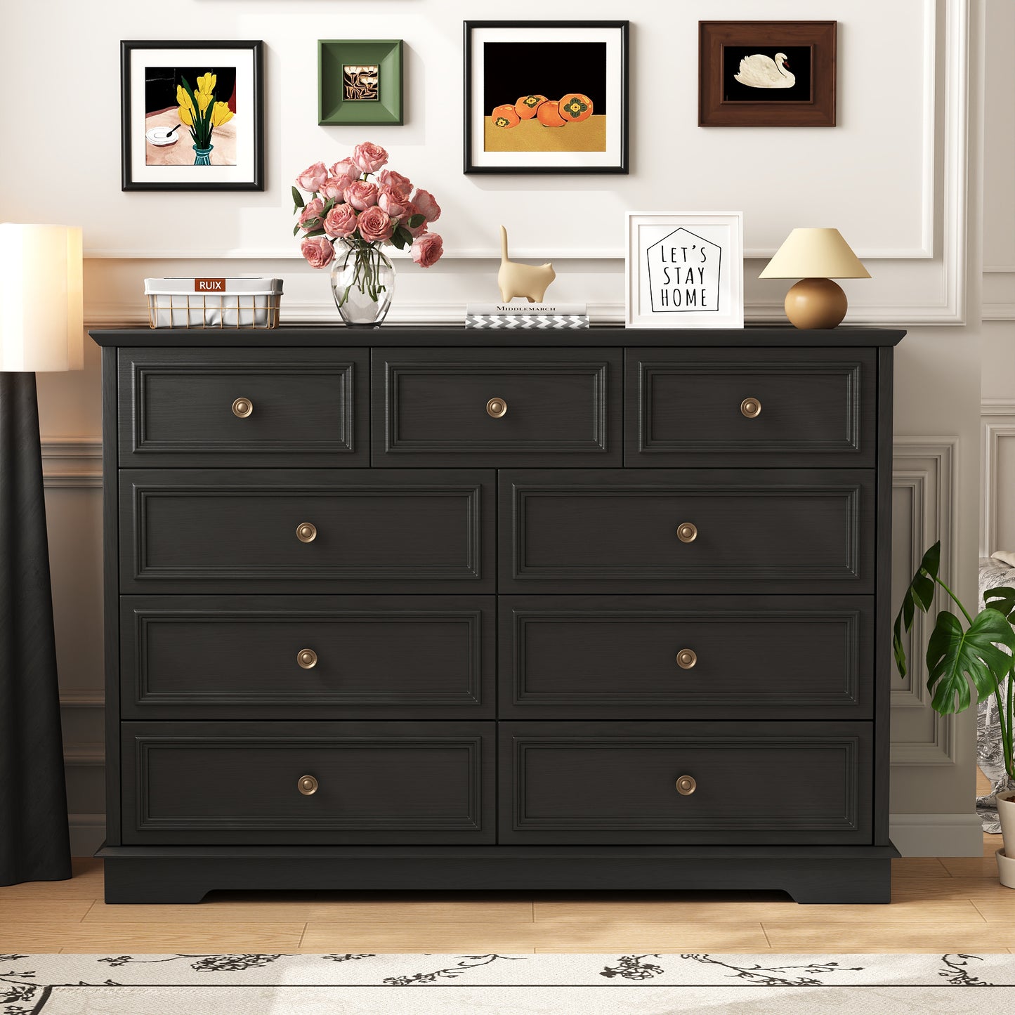 9 Drawer Chest of Drawers, Tall Storage Dresser Organizer, Modern Storage Cabinet Dresser Organizer Unit with Antique Bronze Round Handles for Living Room, Closet, Hallway, Entryway