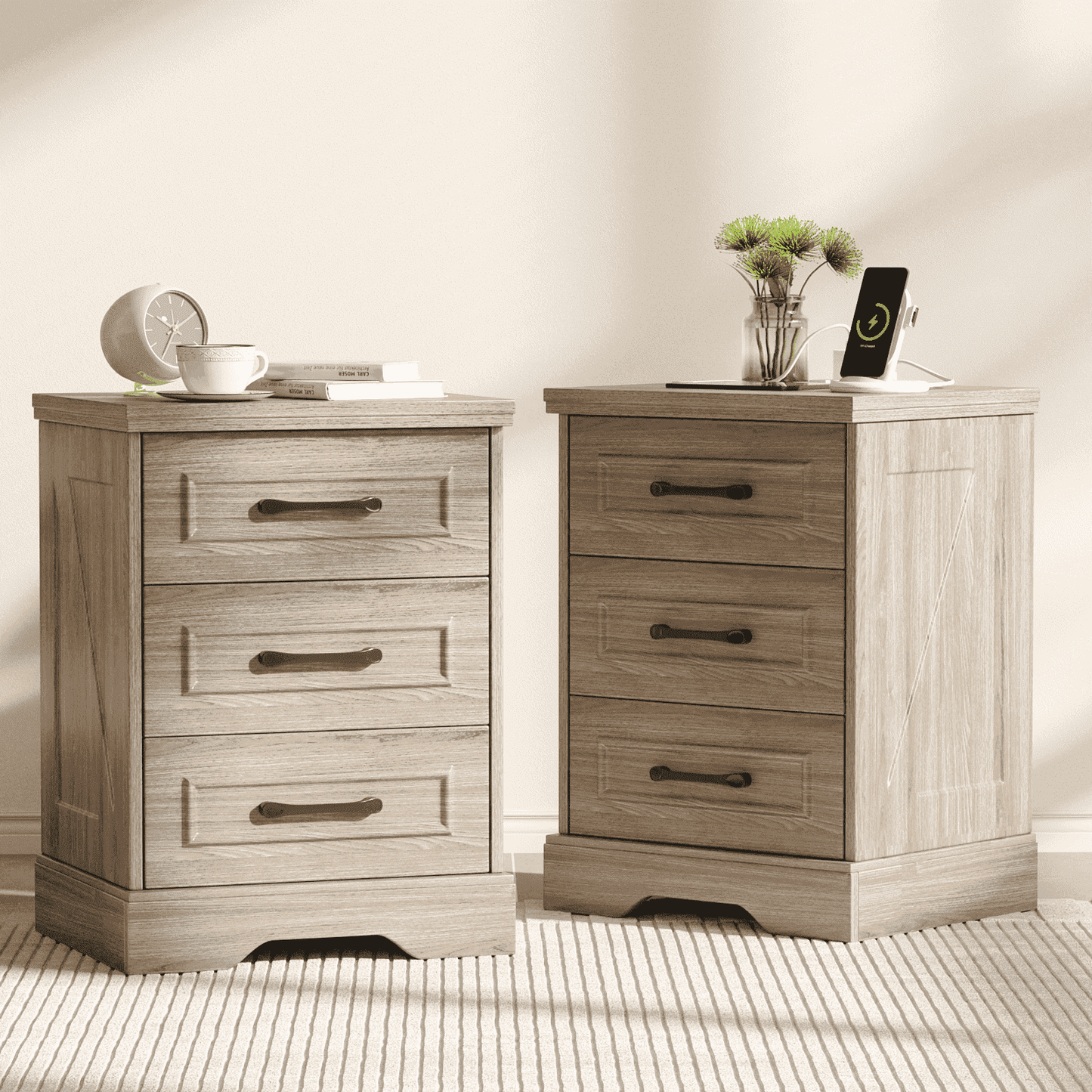 NEGYLIM 2-Piece Nightstand, Farmhouse End Table with Charging Station, 3 Drawers Storage for Bedroom