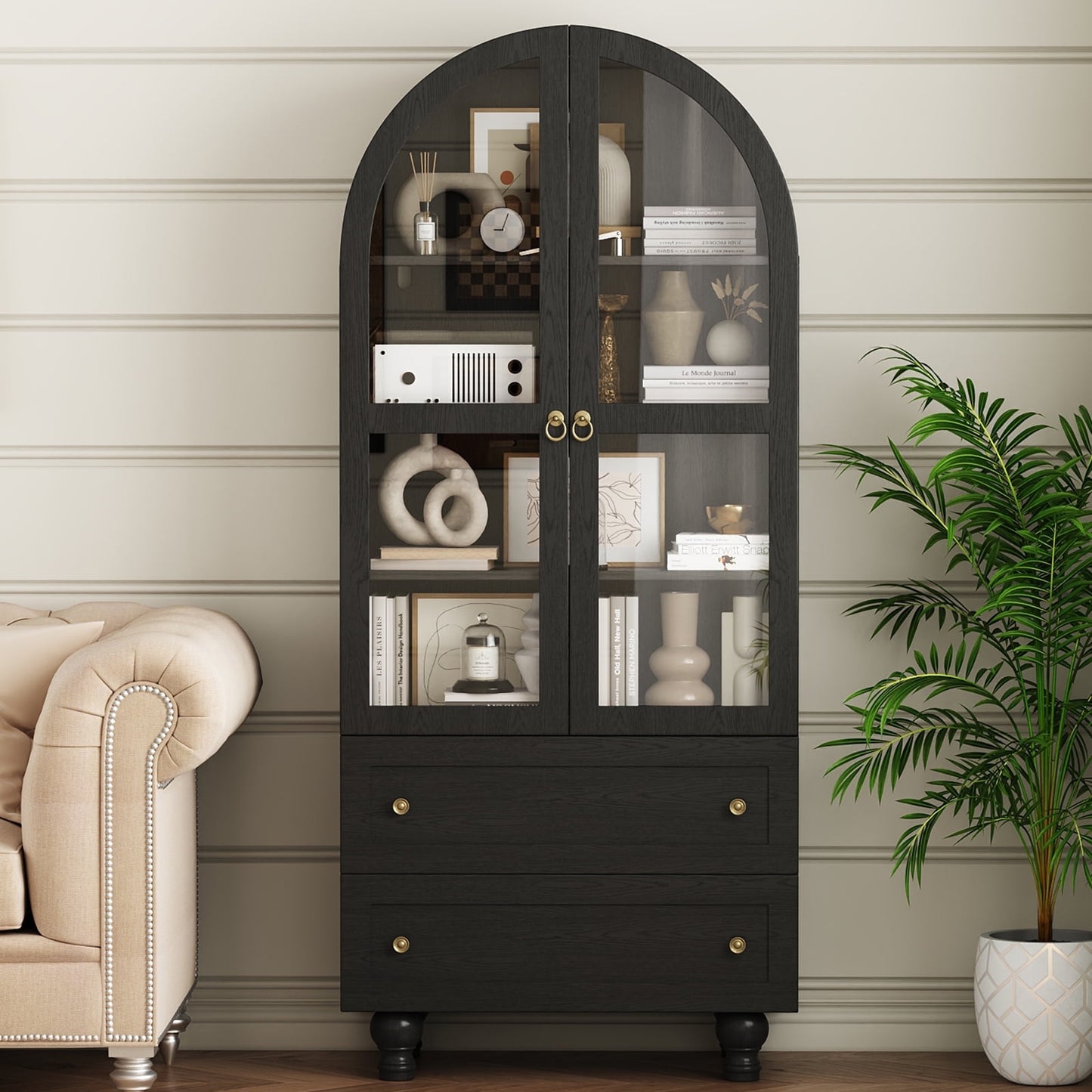 Arched Kitchen Pantry Cabinet & Display Cabinet with Glass Doors, 4 Shelves, 2 Drawers, Solid Wood Legs, 70.87 Inches in Height, Suitable for Kitchen, Bedroom and Living Room, for Easy Storage