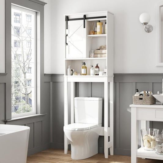 Over the Toilet Storage Cabinet with Sliding Barn Door, Anti-Tipping Design, Waterproof, Adjustable Shelves for Bathroom/Laundry Room Organization