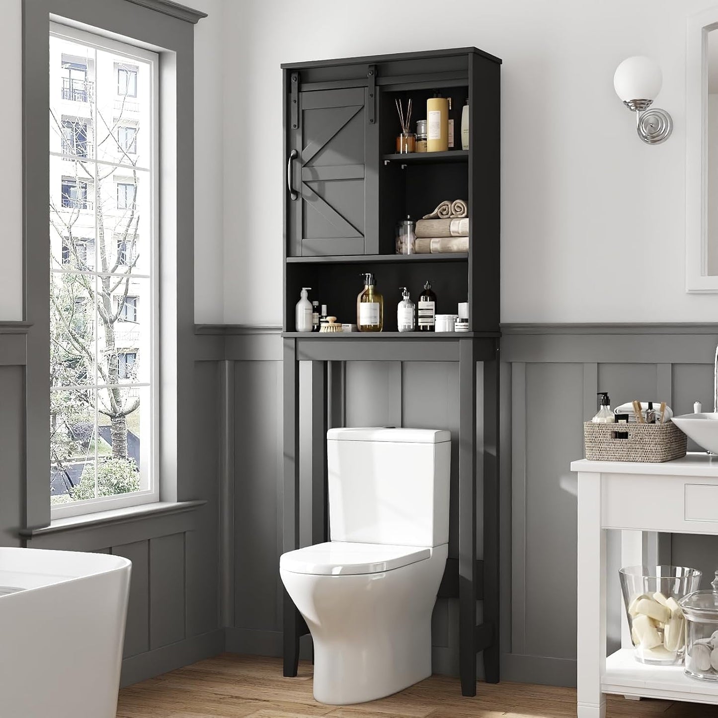 NEDGYLIM Over the Toilet Storage Cabinet with Sliding Barn Door, Anti-Tipping Design, Waterproof, Adjustable Shelves for Bathroom/Laundry Room Organization