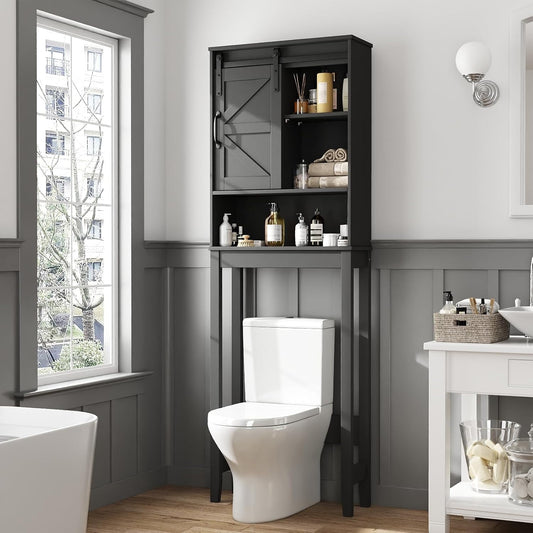 NEDGYLIM Over the Toilet Storage Cabinet with Sliding Barn Door, Anti-Tipping Design, Waterproof, Adjustable Shelves for Bathroom/Laundry Room Organization