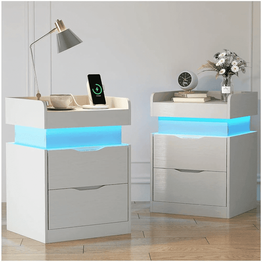 NEGYLIM 2-Piece Bedside Tables with Charging Station & LED Lights, Side Tables with 2 Wooden Drawers & a Sliding Top, Modern Style, Suitable for Bedroom, Living Room, Office