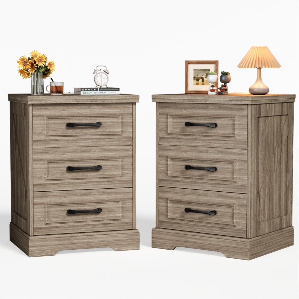 NEGYLIM 2-Piece Nightstand, Farmhouse End Table with Charging Station, 3 Drawers Storage for Bedroom