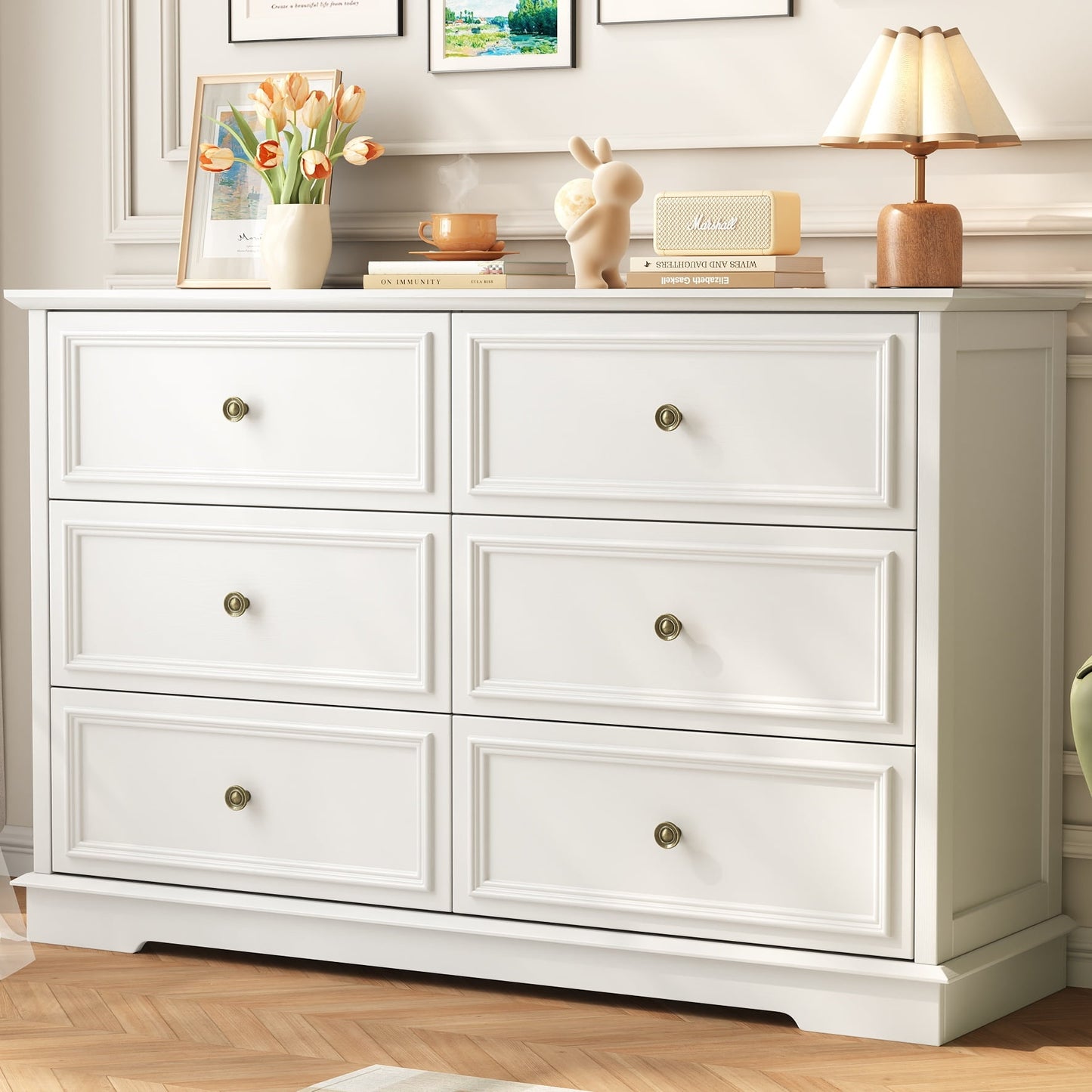 6 Drawer Chest of Drawers, Modern Storage Cabinet Dresser Organizer Unit with Antique Bronze Round Handles for Living Room, Closet, Hallway, Entryway，White