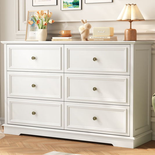 6 Drawer Chest of Drawers, Modern Storage Cabinet Dresser Organizer Unit with Antique Bronze Round Handles for Living Room, Closet, Hallway, Entryway，White
