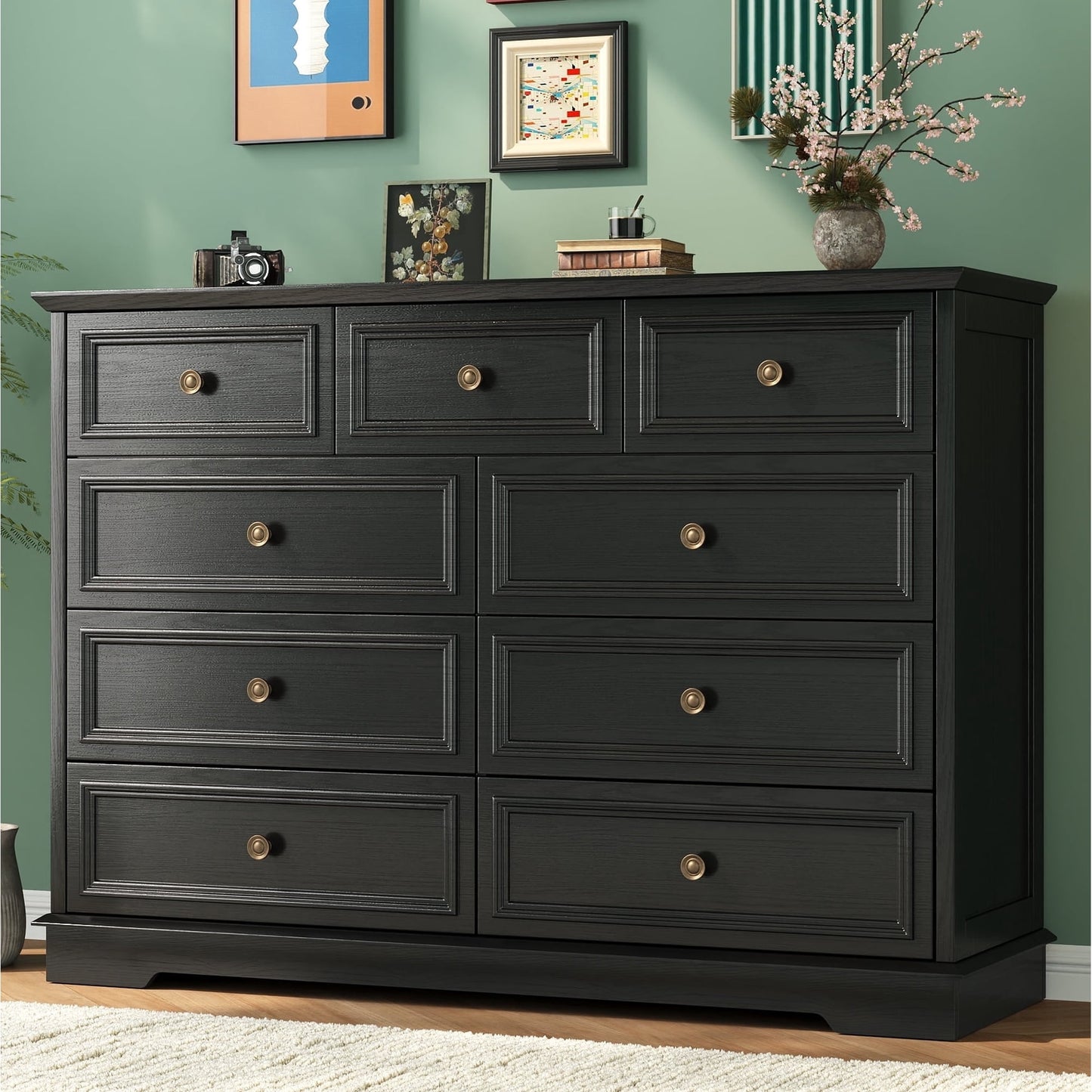 9 Drawer Chest of Drawers, Tall Storage Dresser Organizer, Modern Storage Cabinet Dresser Organizer Unit with Antique Bronze Round Handles for Living Room, Closet, Hallway, Entryway