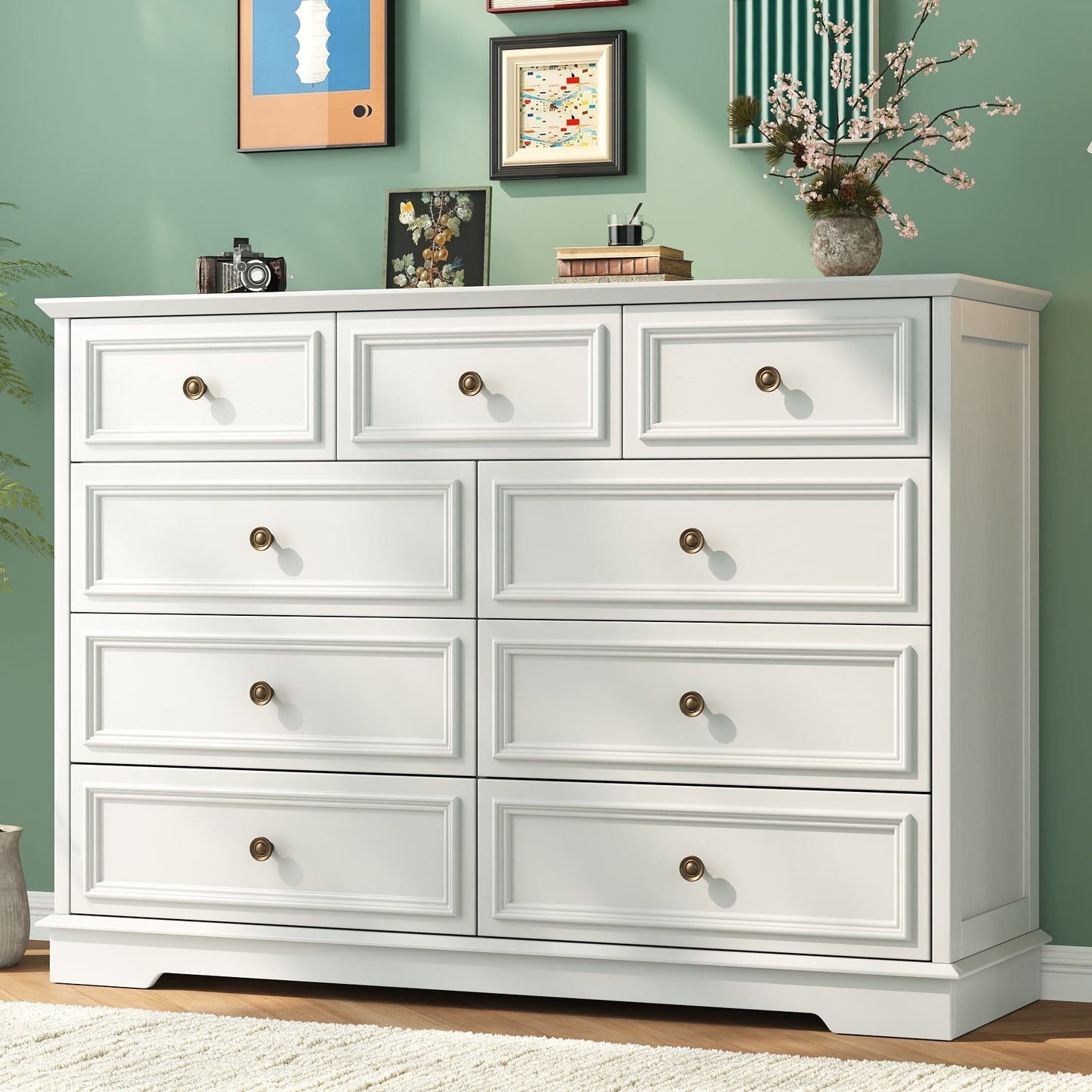 9 Drawer Dresser, Wood Chest of Drawers, Rustic-Style Dresser with Metal Handles, Tall Storage Dresser Organizer, Suitable for Bedroom, Closet, Living Room, Hallway and Entryway