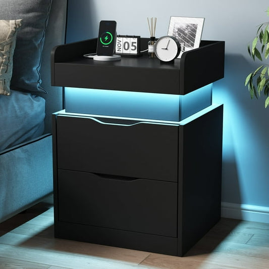 NEGYLIM Bedside Table, Modern Style, with 3 Drawers, Large Capacity, Multi-Color LED Lights & Charging Station, Bedroom Side Table