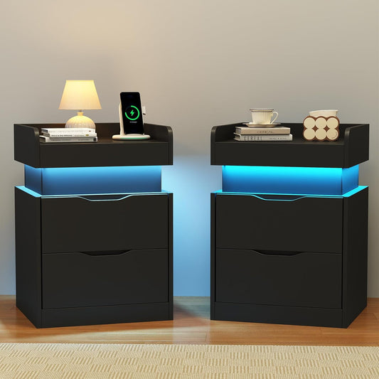 NEGYLIM Bedside Table Set (2 Pieces), Modern Style, with 3 Drawers, Large Capacity, Multi-Color LED Lights & Charging Station, Bedroom Side Table