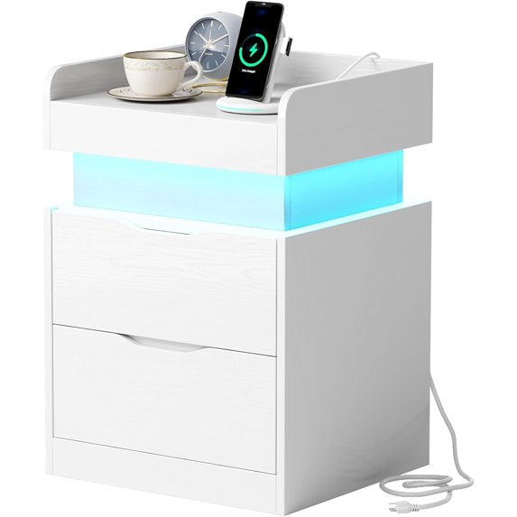 NEGYLIM Bedside Tables with Charging Station & LED Lights, Side Tables with 2 Wooden Drawers & a Sliding Top, Modern Style, Suitable for Bedroom, Living Room, Office
