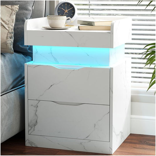 NEGYLIM Modern Style Bedside Table, Multi-Color LED Light Strip, Quiet Drawers, 3 Drawers, Small Space Solution, Bedroom Bedside Table
