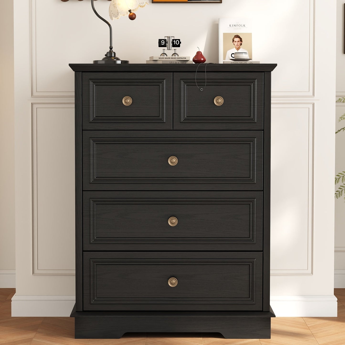 5 Drawer Dresser,Rustic-Style Chest of Drawers, Wood Storage Cabinet Dresser Organizer Unit with Antique Bronze Round Handles for Living Room, Closet, Hallway, Entryway