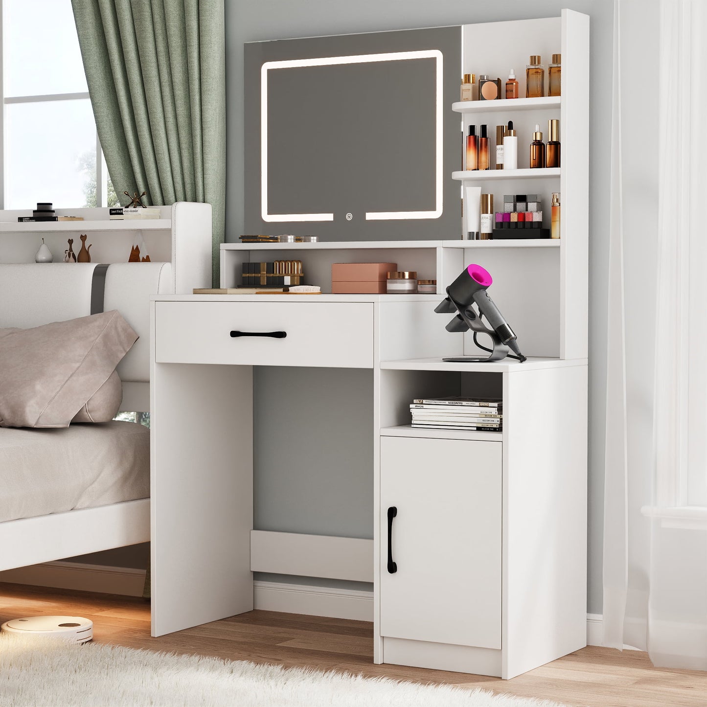 NEGYLIM Makeup Vanity Desk with LED Lights - 3 Color Adjustable, Large Storage Cabinet & Drawers, White Modern Vanity Table with Shelves for Bedroom