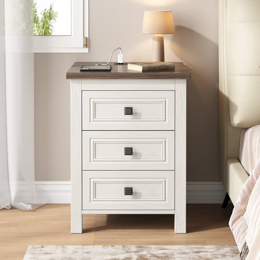 Nightstand, Farmhouse End Table with Charging Station, 3 Drawers Storage for Bedroom