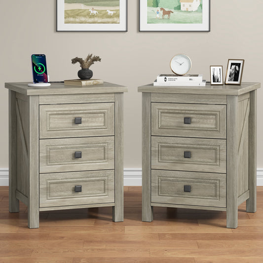 Nightstand set of 2, Farmhouse End Table with Charging Station, 3 Drawers Storage for Bedroom