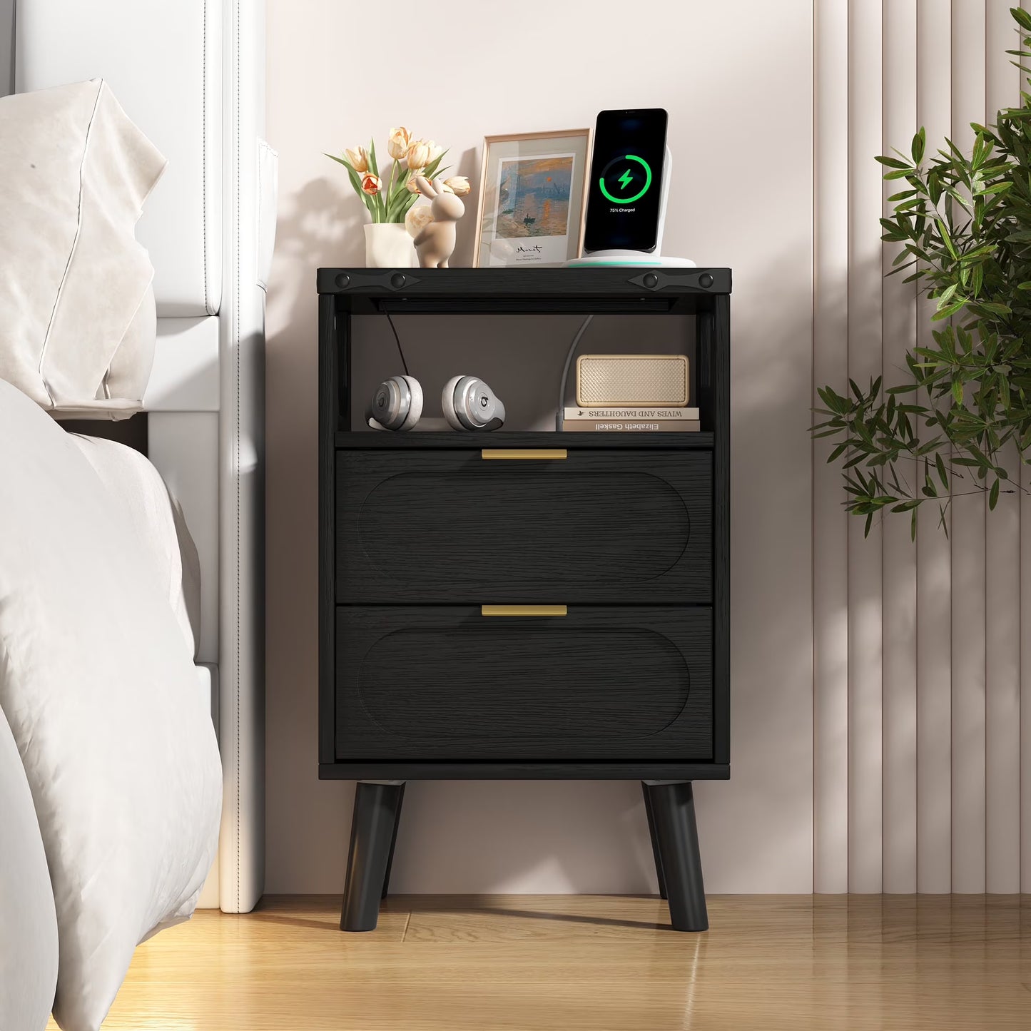 Smart LED Nightstand with Charging Station, Side Table with 2 Wooden Drawers, End Table with Open Shelf, Night Stand for Bedroom, Black