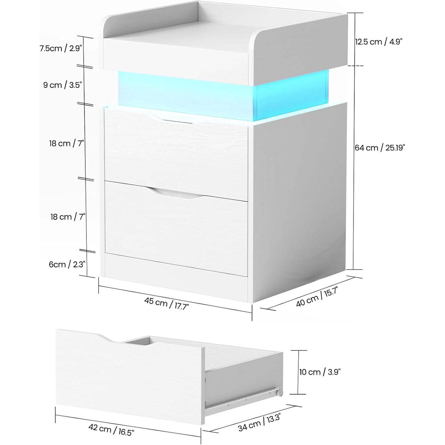 NEGYLIM 2-Piece Bedside Tables with Charging Station & LED Lights, Side Tables with 2 Wooden Drawers & a Sliding Top, Modern Style, Suitable for Bedroom, Living Room, Office