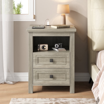 NEGYLIM Farmhouse Nightstand with Storage Shelves Bedside Tables for Bedroom Modern Wood Side Table Living Room, Gray