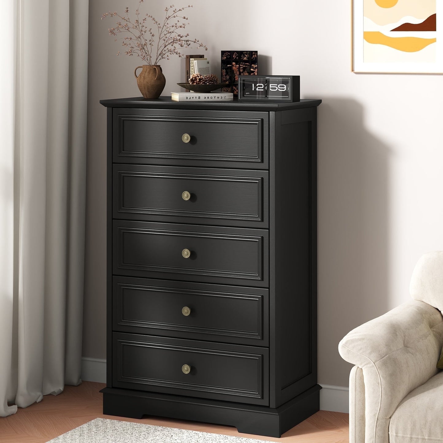 5 Drawer Dresser, Chest of Drawers for Bedroom, Modern Storage Cabinet Dresser Organizer Unit with Antique Bronze Round Handles for Living Room, Closet, Hallway, Entryway