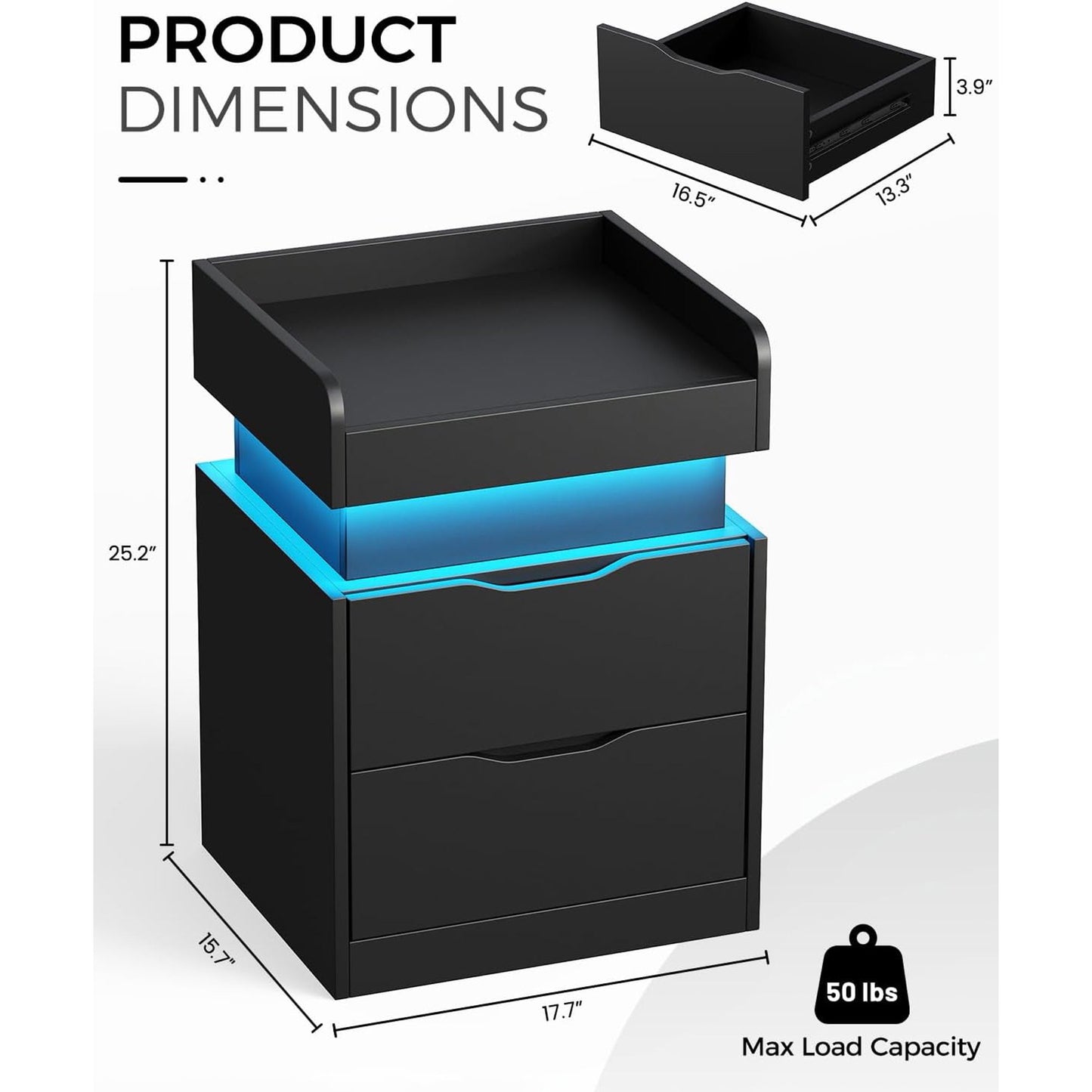 NEGYLIM Bedside Table Set (2 Pieces), Modern Style, with 3 Drawers, Large Capacity, Multi-Color LED Lights & Charging Station, Bedroom Side Table