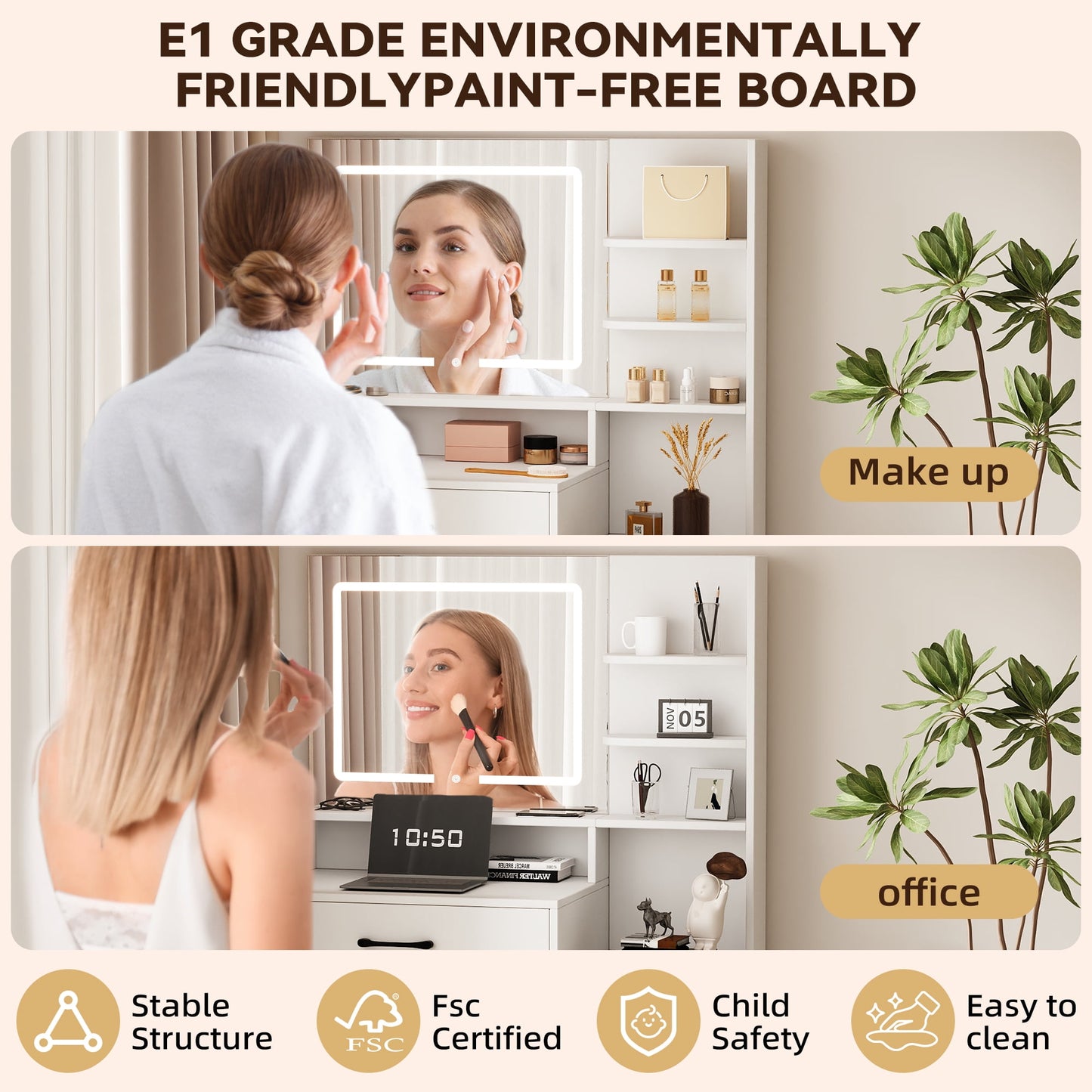 NEGYLIM Makeup Vanity Desk with LED Lights - 3 Color Adjustable, Large Storage Cabinet & Drawers, White Modern Vanity Table with Shelves for Bedroom