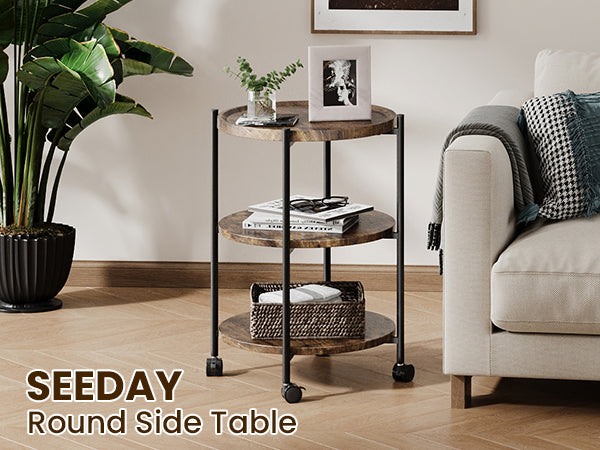 NEGYLIM End Side Table，Round Sofa Table with Metal Frame, 3-Tier Coffee Table Nightstand for Bedroom, Living Room, Nursery