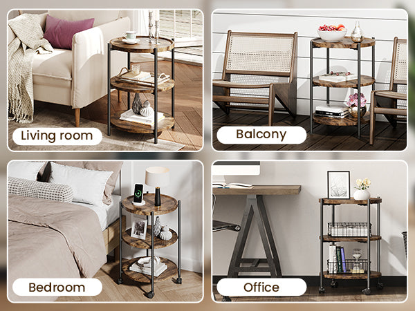NEGYLIM End Side Table，Round Sofa Table with Metal Frame, 3-Tier Coffee Table Nightstand for Bedroom, Living Room, Nursery