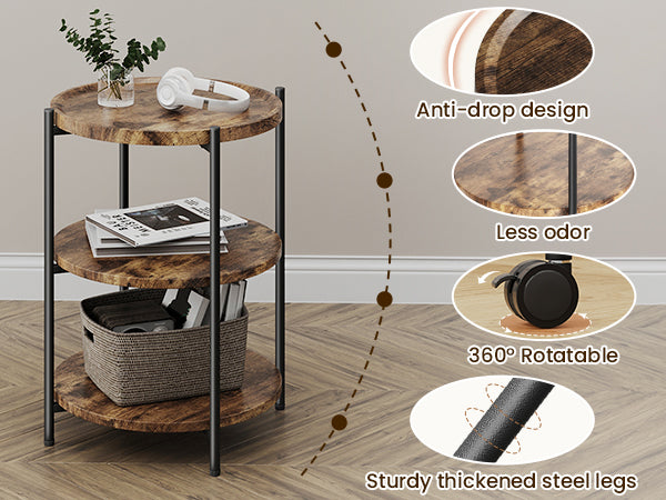 NEGYLIM End Side Table，Round Sofa Table with Metal Frame, 3-Tier Coffee Table Nightstand for Bedroom, Living Room, Nursery