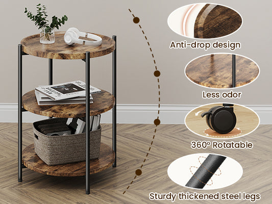 NEGYLIM End Side Table，Round Sofa Table with Metal Frame, 3-Tier Coffee Table Nightstand for Bedroom, Living Room, Nursery