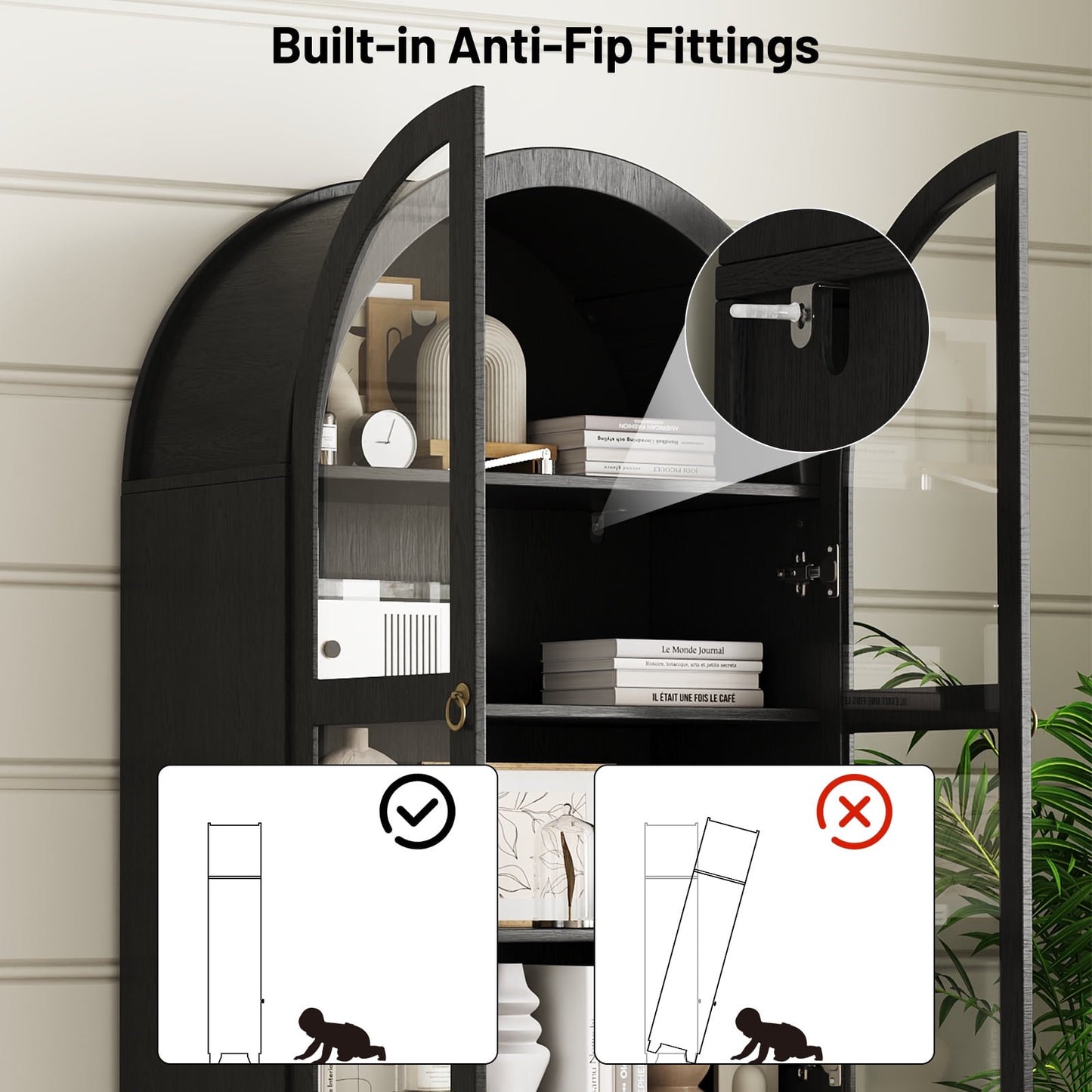 Arched Kitchen Pantry Cabinet & Display Cabinet with Glass Doors, 4 Shelves, 2 Drawers, Solid Wood Legs, 70.87 Inches in Height, Suitable for Kitchen, Bedroom and Living Room, for Easy Storage