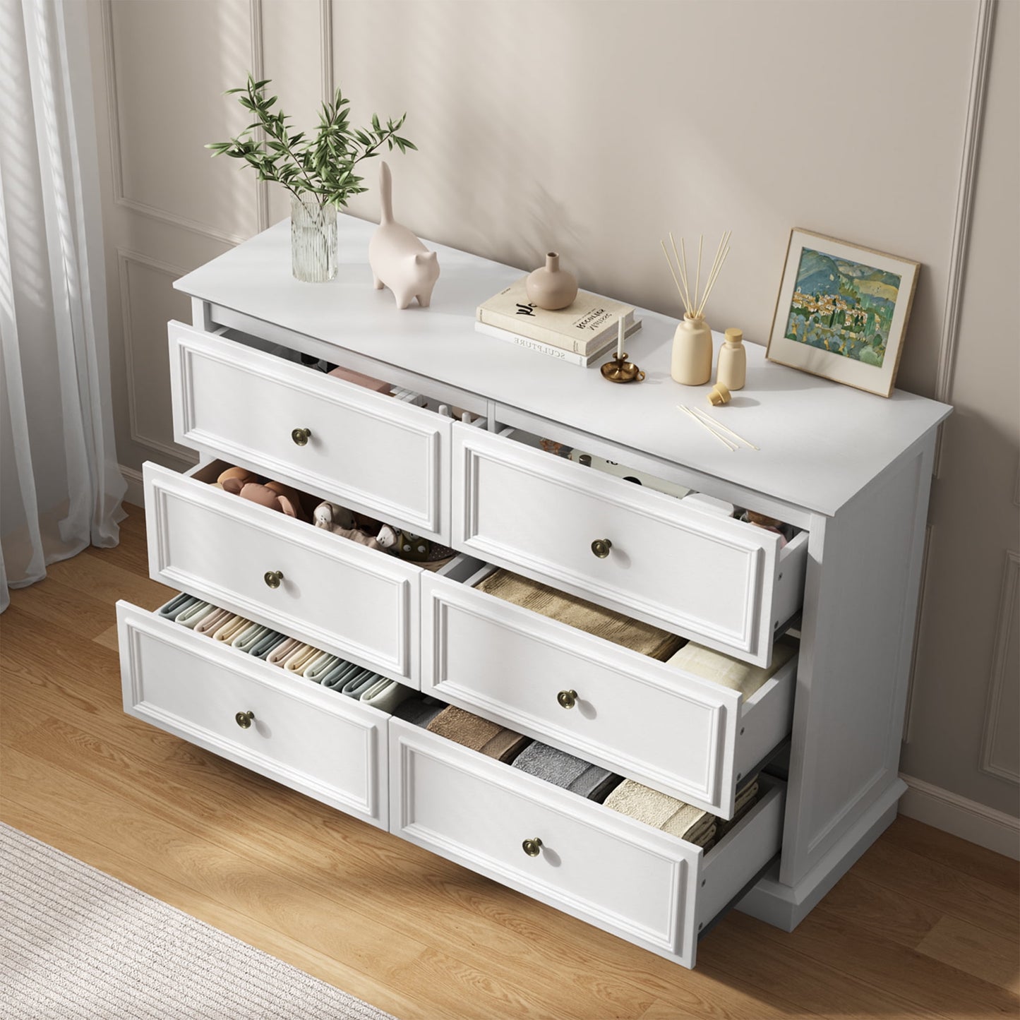 6 Drawer Chest of Drawers, Modern Storage Cabinet Dresser Organizer Unit with Antique Bronze Round Handles for Living Room, Closet, Hallway, Entryway，White