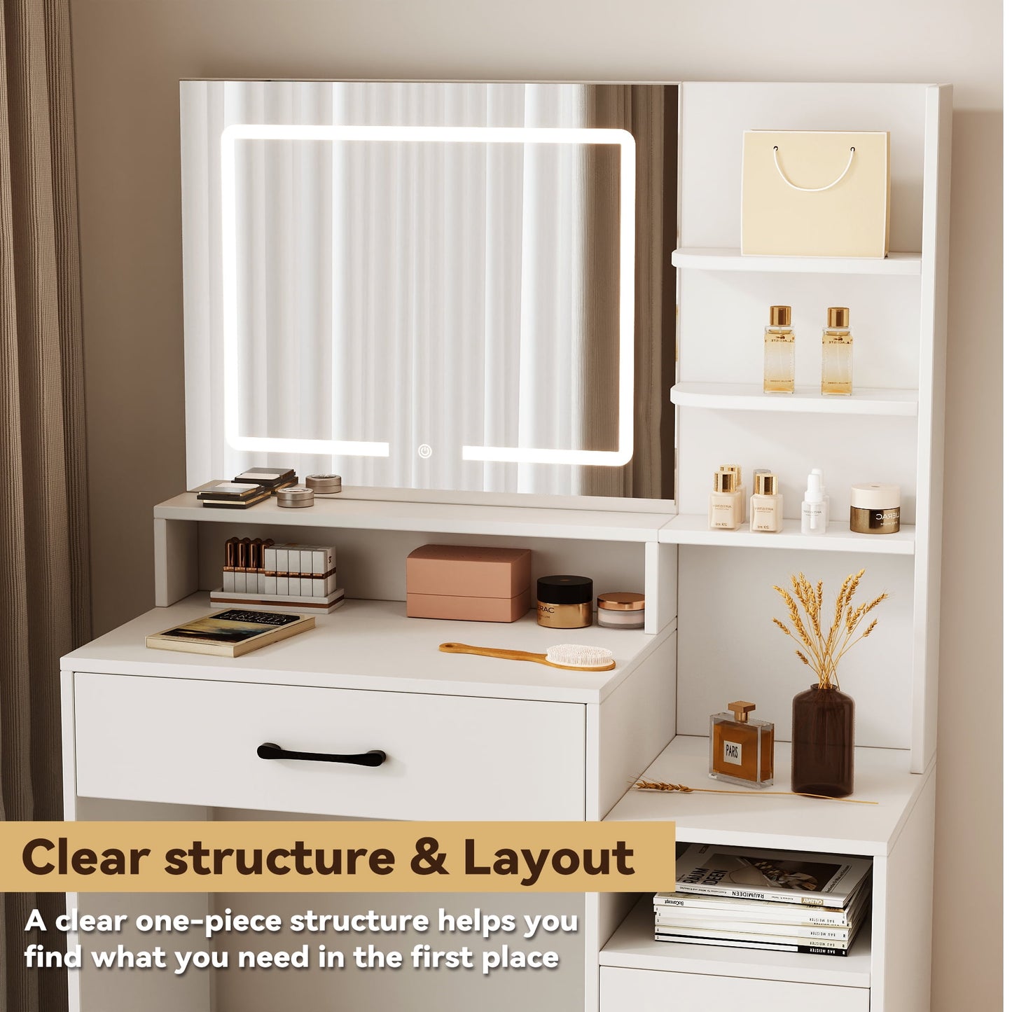 NEGYLIM Makeup Vanity Desk with LED Lights - 3 Color Adjustable, Large Storage Cabinet & Drawers, White Modern Vanity Table with Shelves for Bedroom
