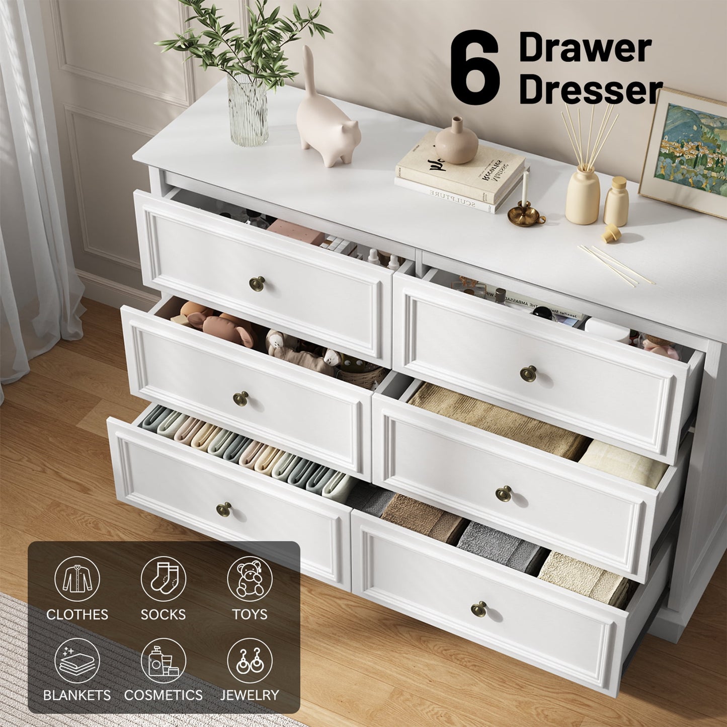 6 Drawer Chest of Drawers, Modern Storage Cabinet Dresser Organizer Unit with Antique Bronze Round Handles for Living Room, Closet, Hallway, Entryway，White