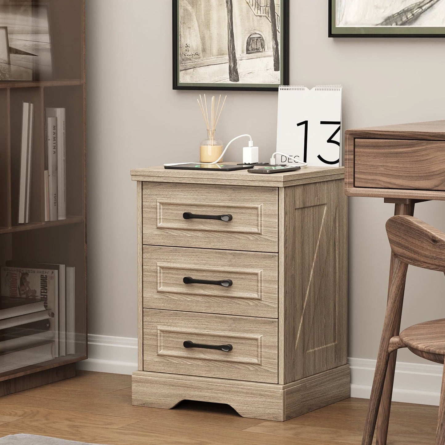 NEGYLIM 2-Piece Nightstand, Farmhouse End Table with Charging Station, 3 Drawers Storage for Bedroom