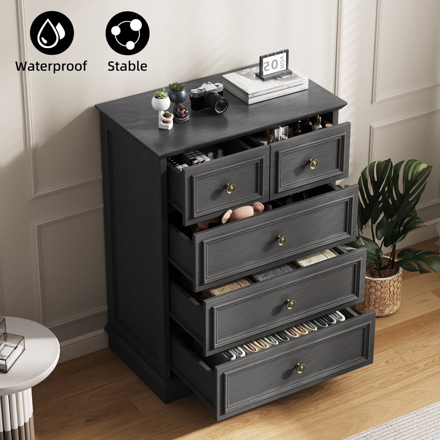 5 Drawer Dresser,Rustic-Style Chest of Drawers, Wood Storage Cabinet Dresser Organizer Unit with Antique Bronze Round Handles for Living Room, Closet, Hallway, Entryway