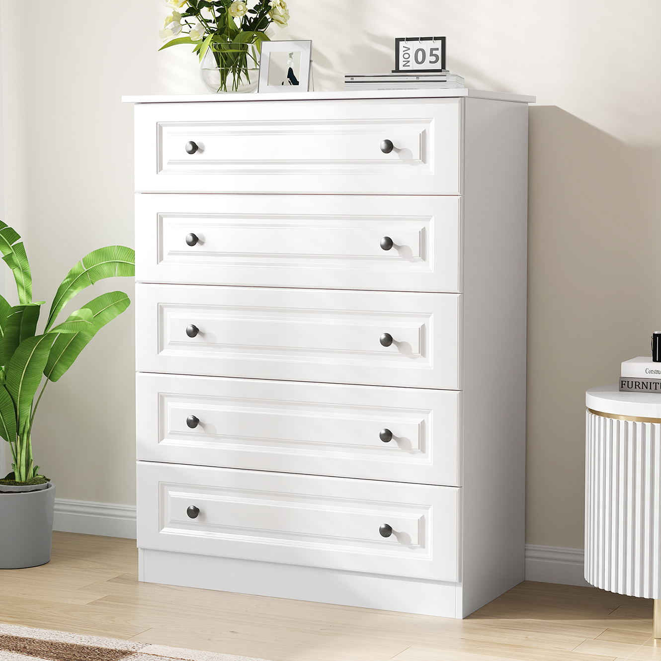 NEGYLIM 5 Drawer Dresser Tall, Modern White Chest of Drawers with Anti-Tip, Large Storage for Bedroom, Hallway, Entryway, (White)