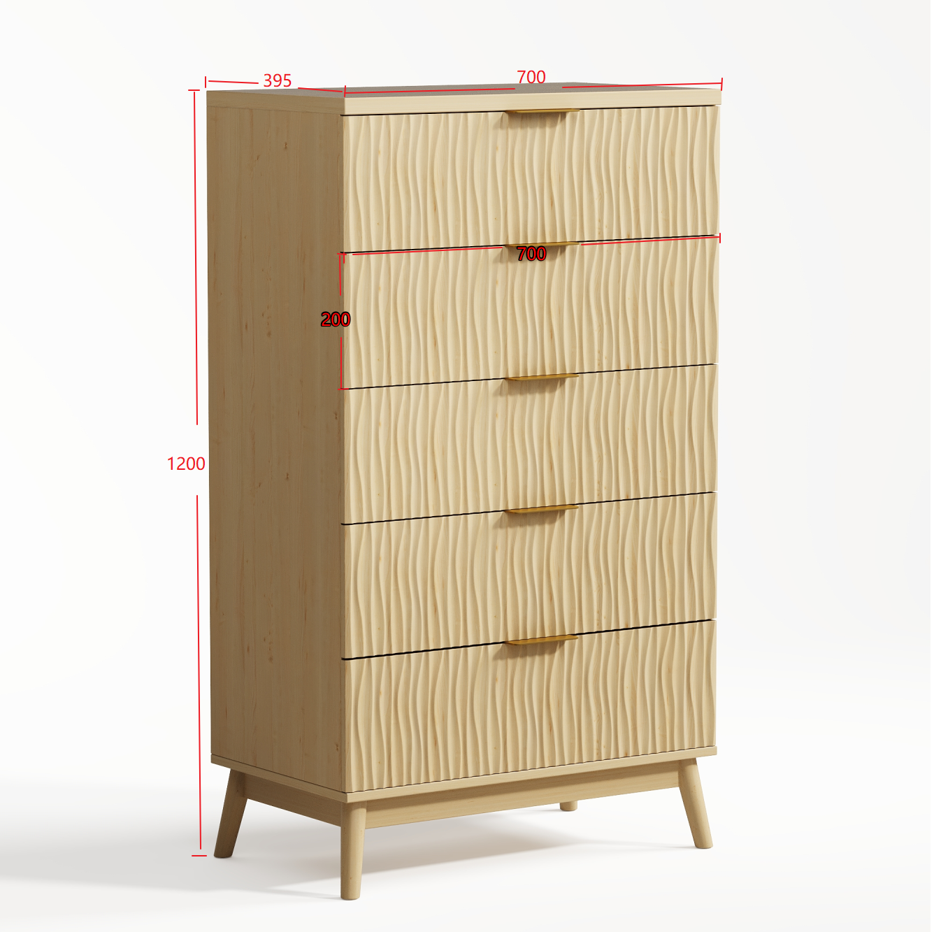 47" Tall 5 Fluted Drawer Dresser, Solid Wood Chest of Drawers with Glossy Handle, Storage Cabinet for Bedroom, Living Room, Entryway