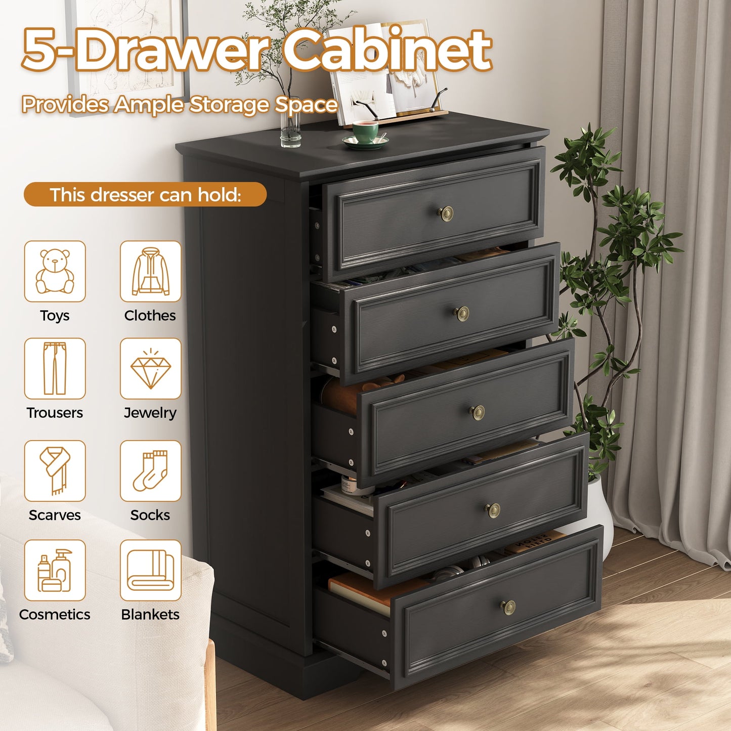 5 Drawer Dresser, Chest of Drawers for Bedroom, Modern Storage Cabinet Dresser Organizer Unit with Antique Bronze Round Handles for Living Room, Closet, Hallway, Entryway